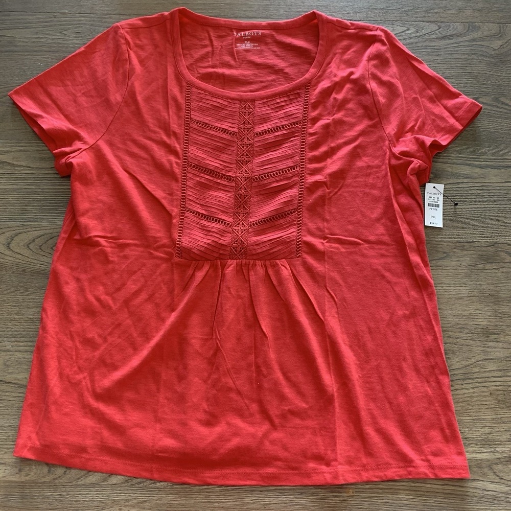 Talbots Petite Coral Embroidered Tee PXL NWT Cotton Modal Short Sleeve